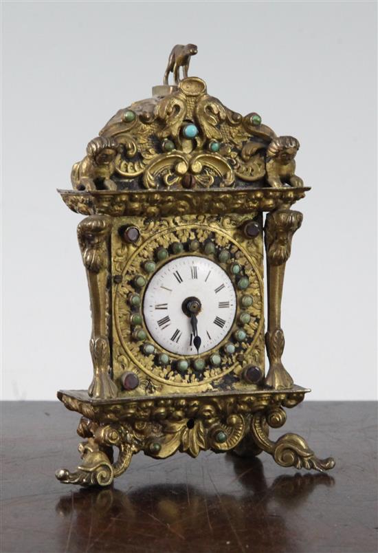 A 19th century Viennese gem set ormolu desk timepiece, 4.5in.